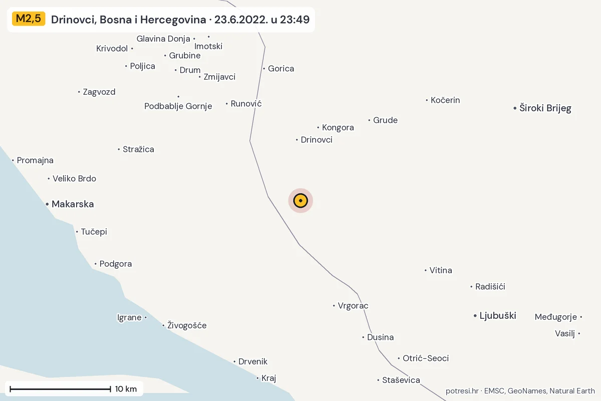 Karta: okolica epicentra, 60 km, potres M2,5, Drinovci, Bosna i Hercegovina, 23.6.2022.