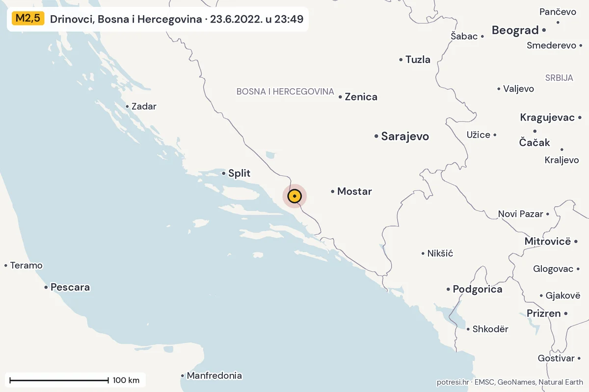 Karta: šire područje, 600 km, potres M2,5, Drinovci, Bosna i Hercegovina, 23.6.2022.