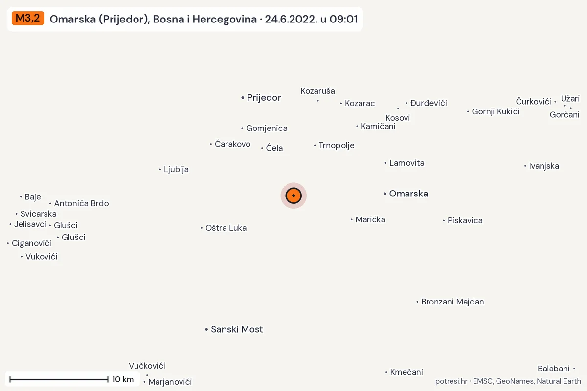 Karta: okolica epicentra, 60 km, potres M3,2, Omarska (Prijedor), Bosna i Hercegovina, 24.6.2022.