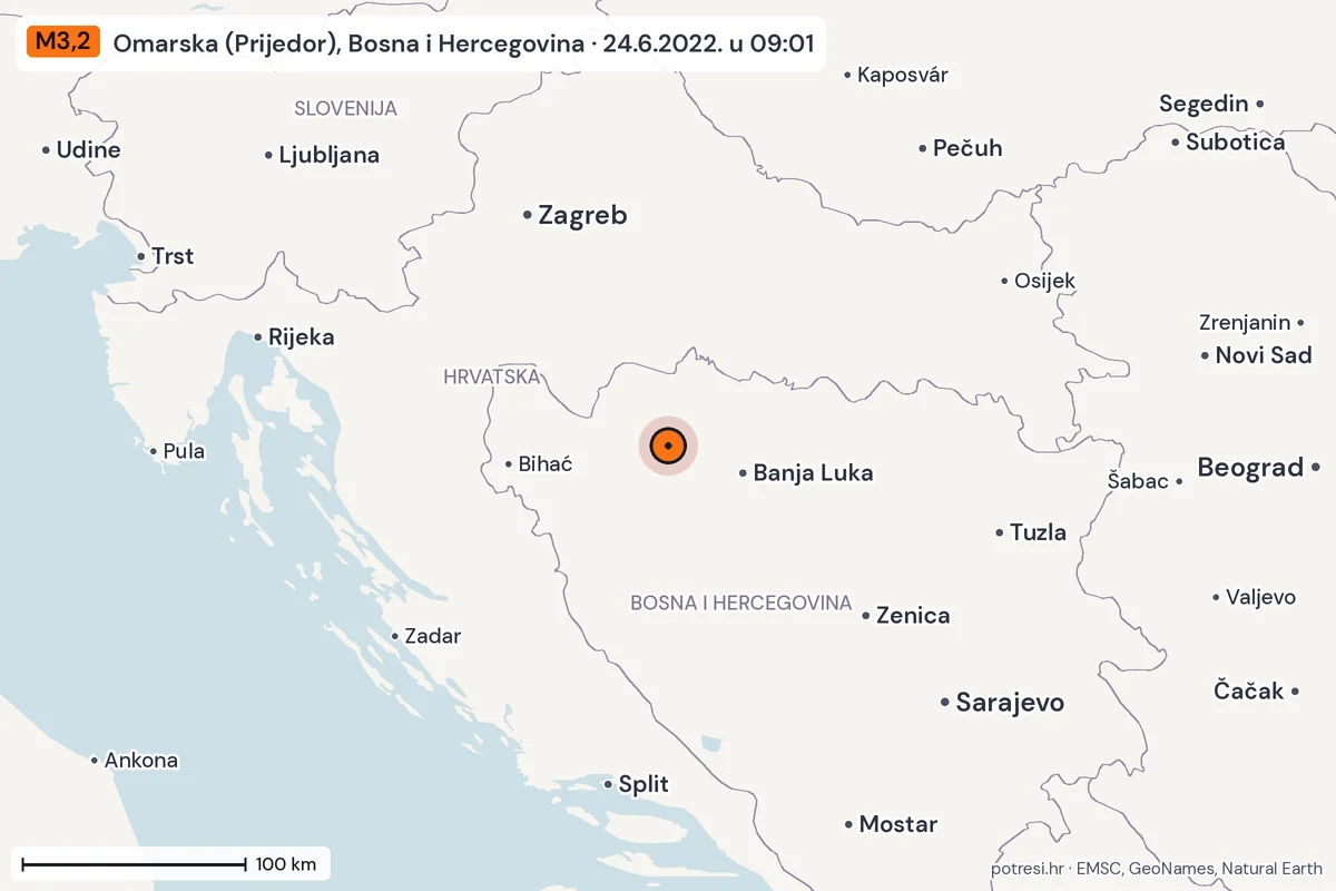 Karta: šire područje, 600 km, potres M3,2, Omarska (Prijedor), Bosna i Hercegovina, 24.6.2022.