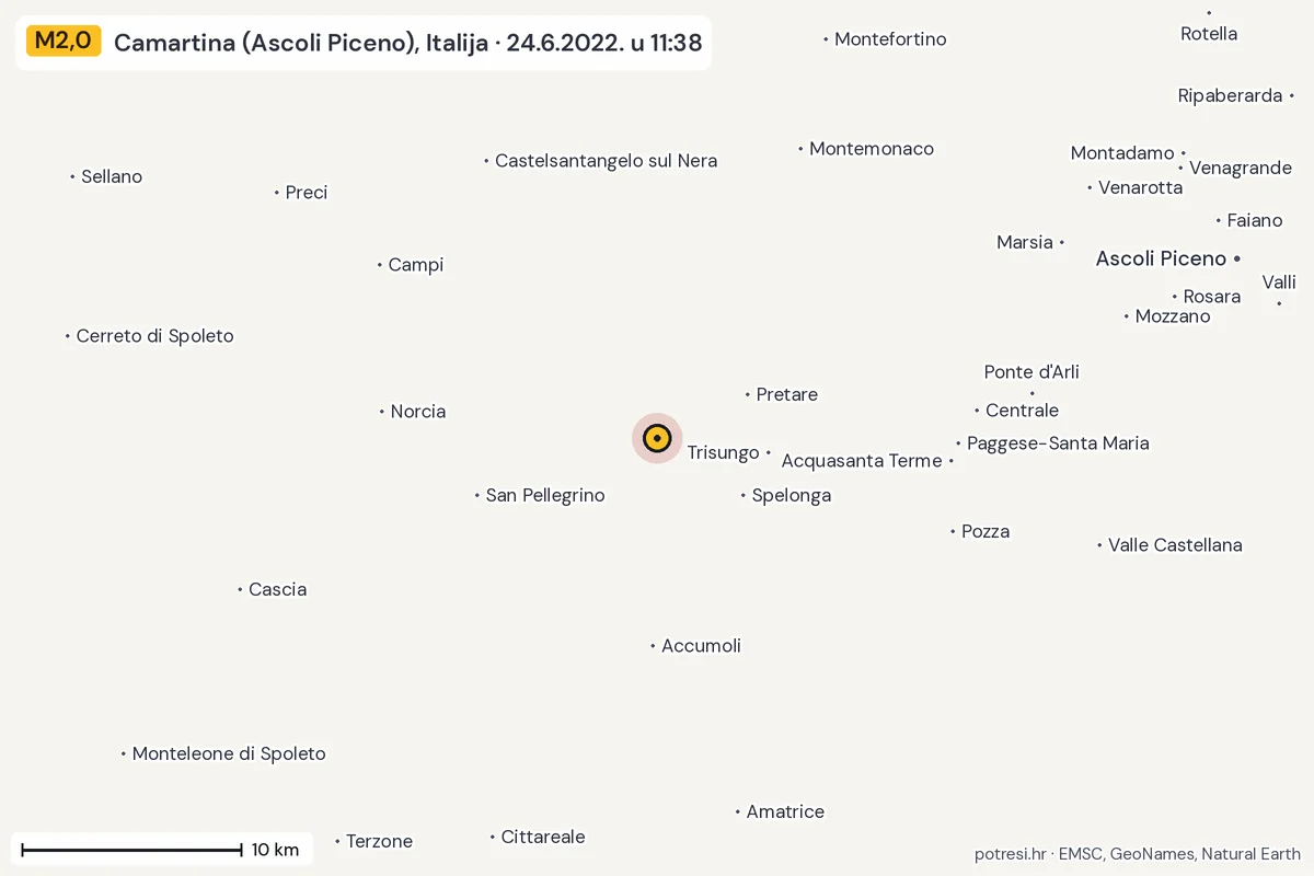 Karta: okolica epicentra, 60 km, potres M2,0, Camartina (Ascoli Piceno), Italija, 24.6.2022.