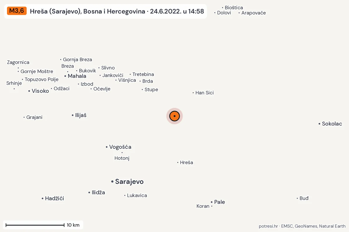 Karta: okolica epicentra, 60 km, potres M3,6, Hreša (Sarajevo), Bosna i Hercegovina, 24.6.2022.