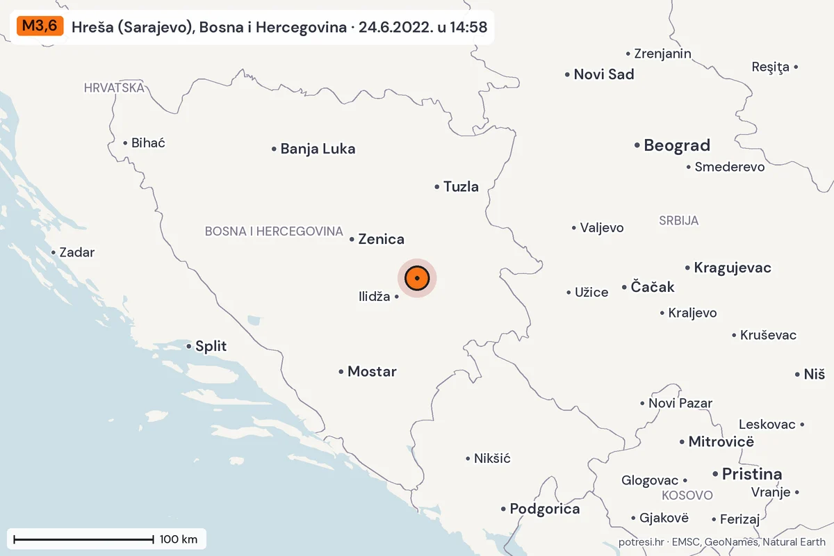 Karta: šire područje, 600 km, potres M3,6, Hreša (Sarajevo), Bosna i Hercegovina, 24.6.2022.