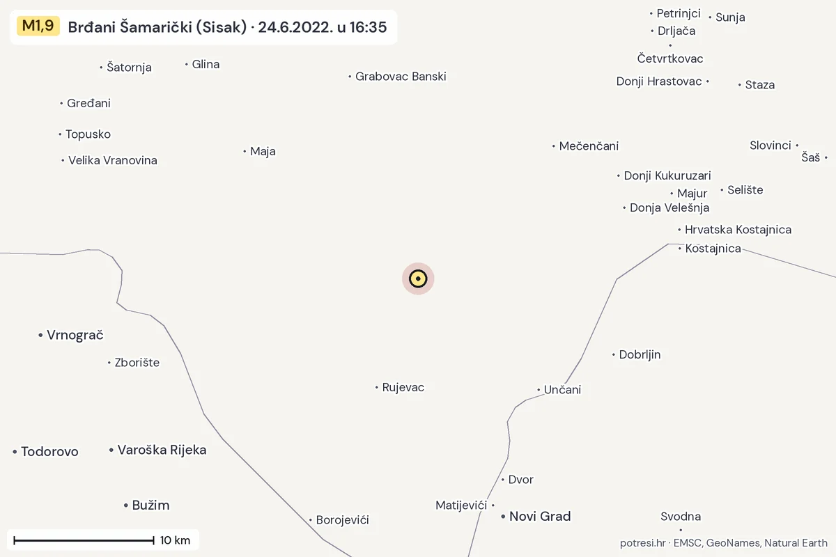 Karta: okolica epicentra, 60 km, potres M1,9, Brđani Šamarički (Sisak), 24.6.2022.