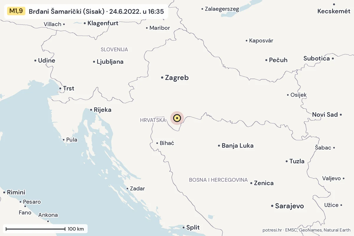 Karta: šire područje, 600 km, potres M1,9, Brđani Šamarički (Sisak), 24.6.2022.