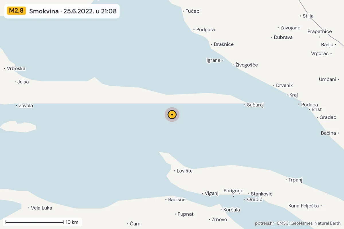 Karta: okolica epicentra, 60 km, potres M2,8, Smokvina, 25.6.2022.