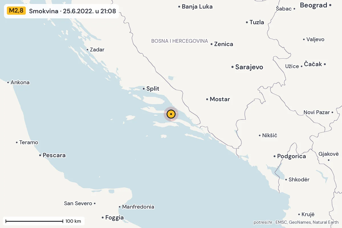 Karta: šire područje, 600 km, potres M2,8, Smokvina, 25.6.2022.