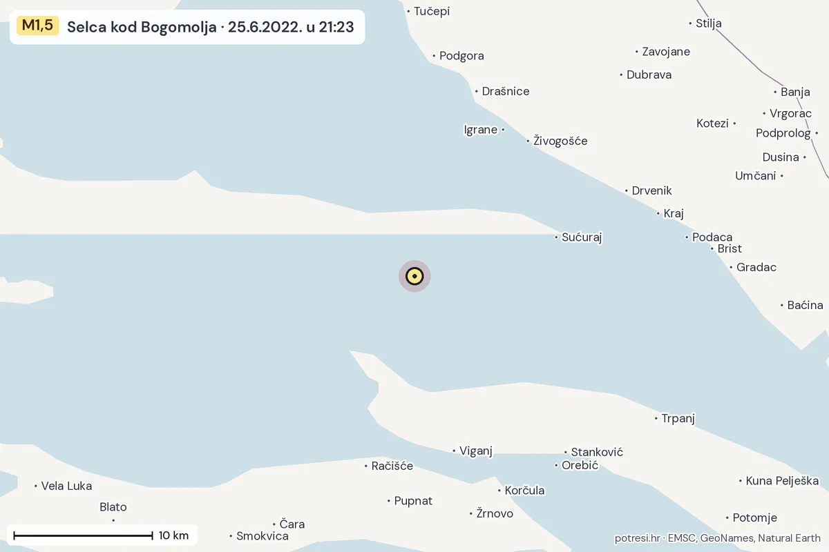 Karta: okolica epicentra, 60 km, potres M1,5, Selca kod Bogomolja, 25.6.2022.