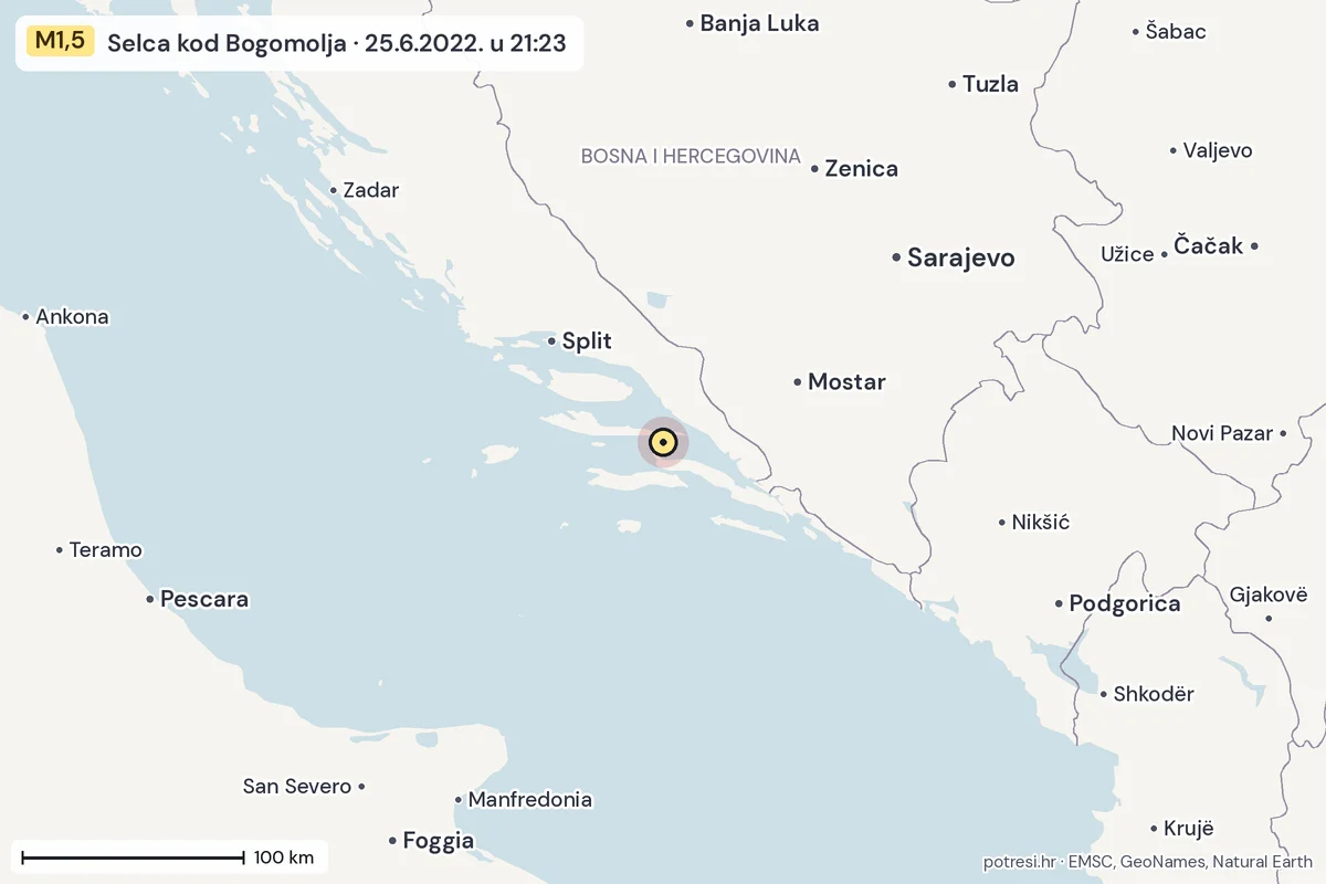 Karta: šire područje, 600 km, potres M1,5, Selca kod Bogomolja, 25.6.2022.