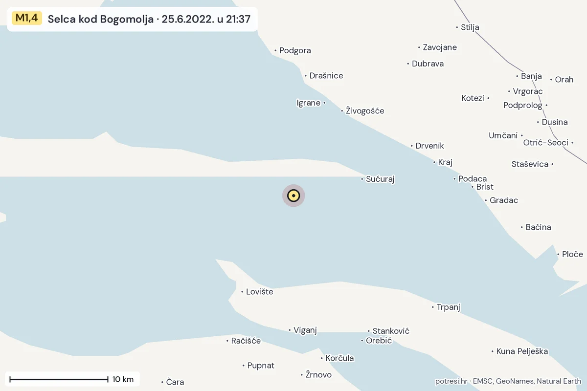 Karta: okolica epicentra, 60 km, potres M1,4, Selca kod Bogomolja, 25.6.2022.