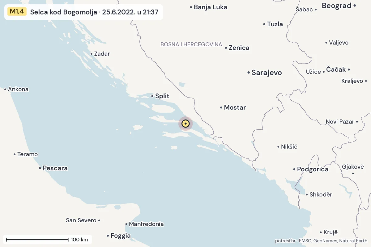 Karta: šire područje, 600 km, potres M1,4, Selca kod Bogomolja, 25.6.2022.