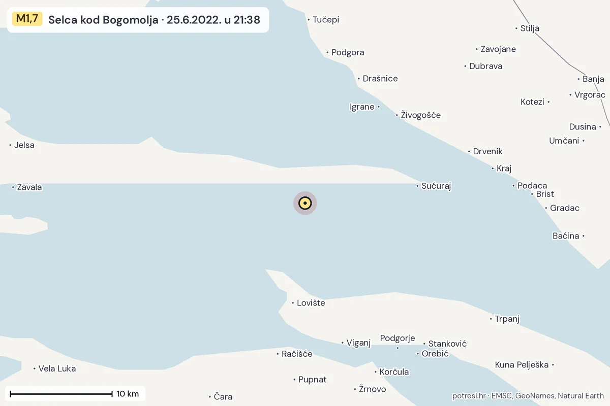 Karta: okolica epicentra, 60 km, potres M1,7, Selca kod Bogomolja, 25.6.2022.