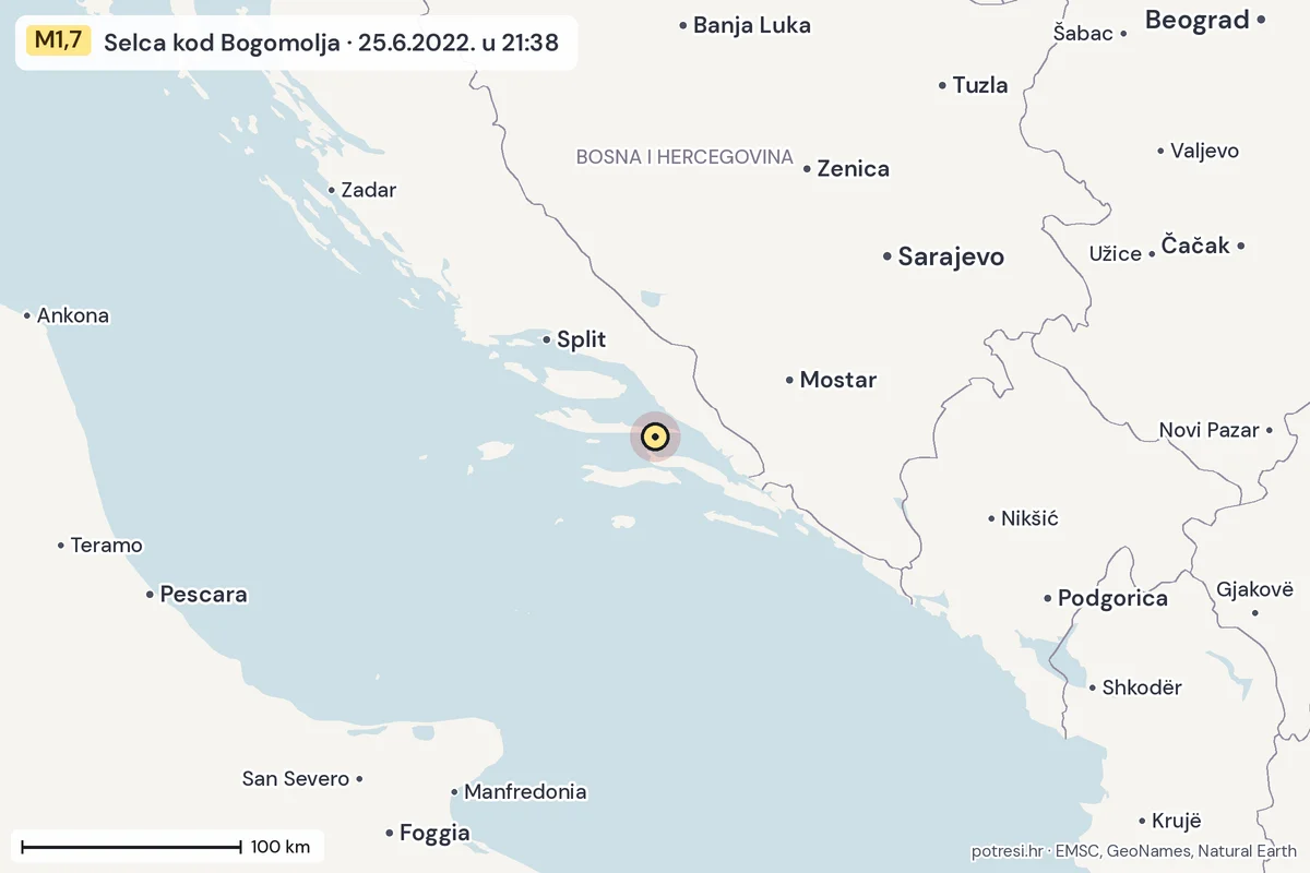 Karta: šire područje, 600 km, potres M1,7, Selca kod Bogomolja, 25.6.2022.