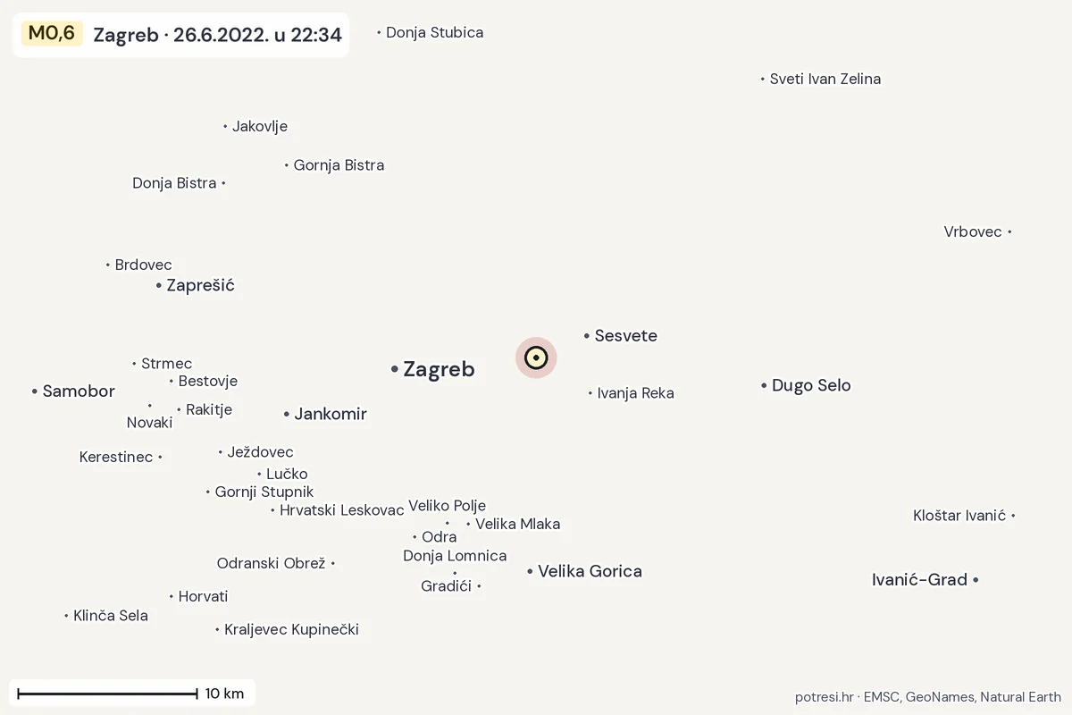 Karta: okolica epicentra, 60 km, potres M0,6, Zagreb, 26.6.2022.