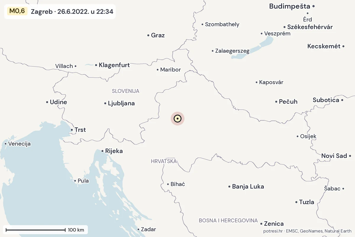 Karta: šire područje, 600 km, potres M0,6, Zagreb, 26.6.2022.