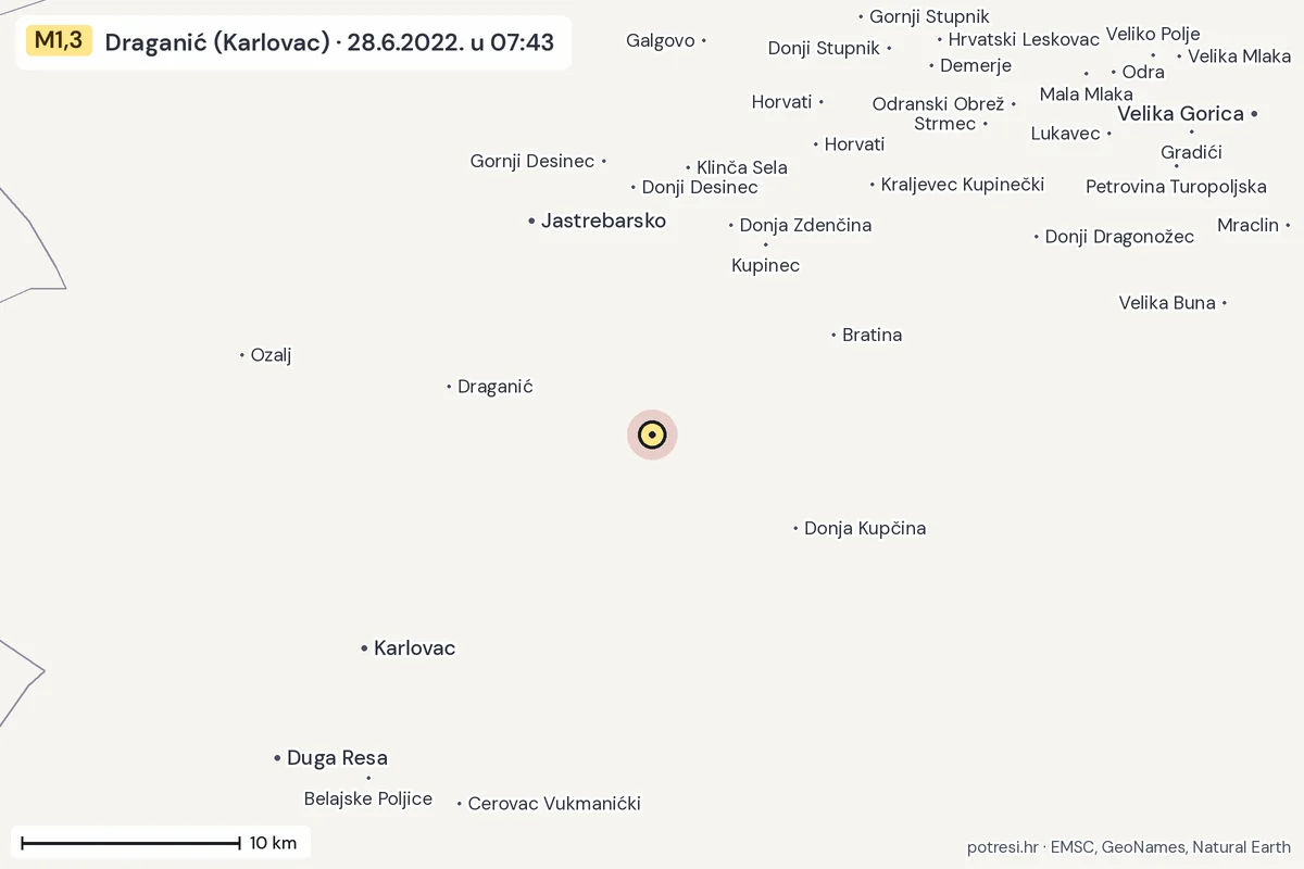 Karta: okolica epicentra, 60 km, potres M1,3, Draganić (Karlovac), 28.6.2022.