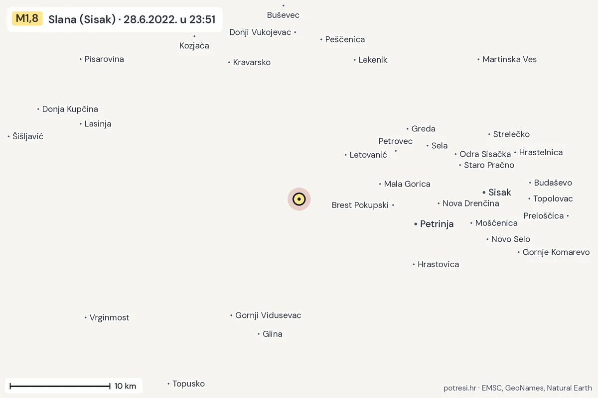 Karta: okolica epicentra, 60 km, potres M1,8, Slana (Sisak), 28.6.2022.