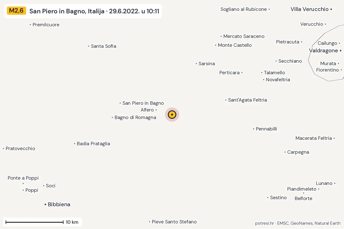 Karta: okolica epicentra, 60 km, potres M2,6, San Piero in Bagno, Italija, 29.6.2022.