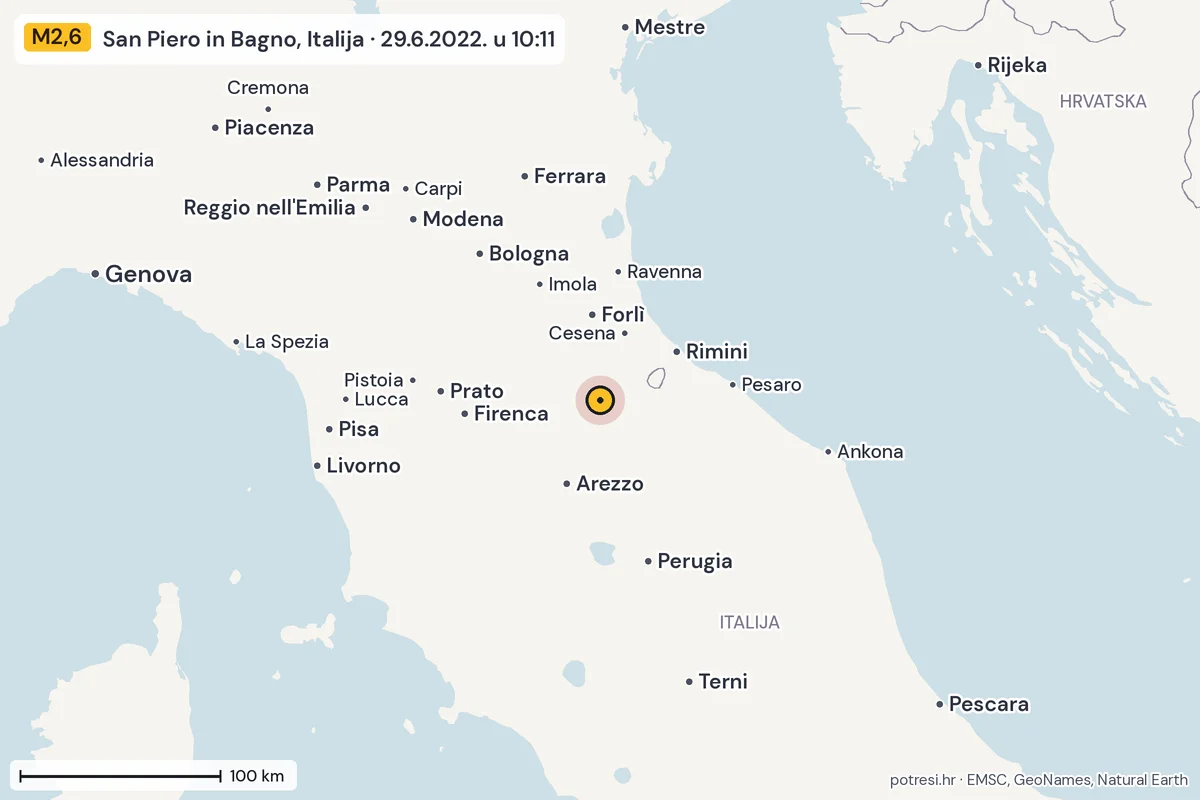 Karta: šire područje, 600 km, potres M2,6, San Piero in Bagno, Italija, 29.6.2022.