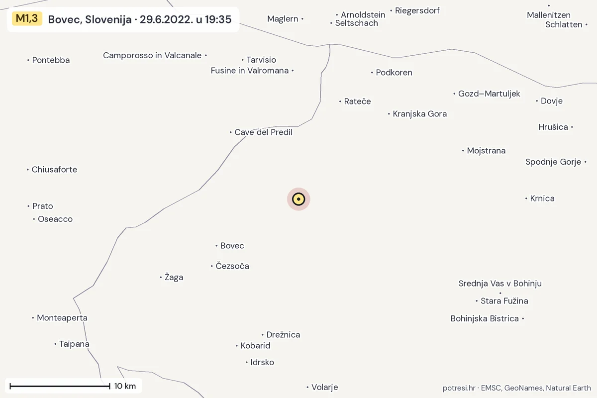 Karta: okolica epicentra, 60 km, potres M1,3, Bovec, Slovenija, 29.6.2022.