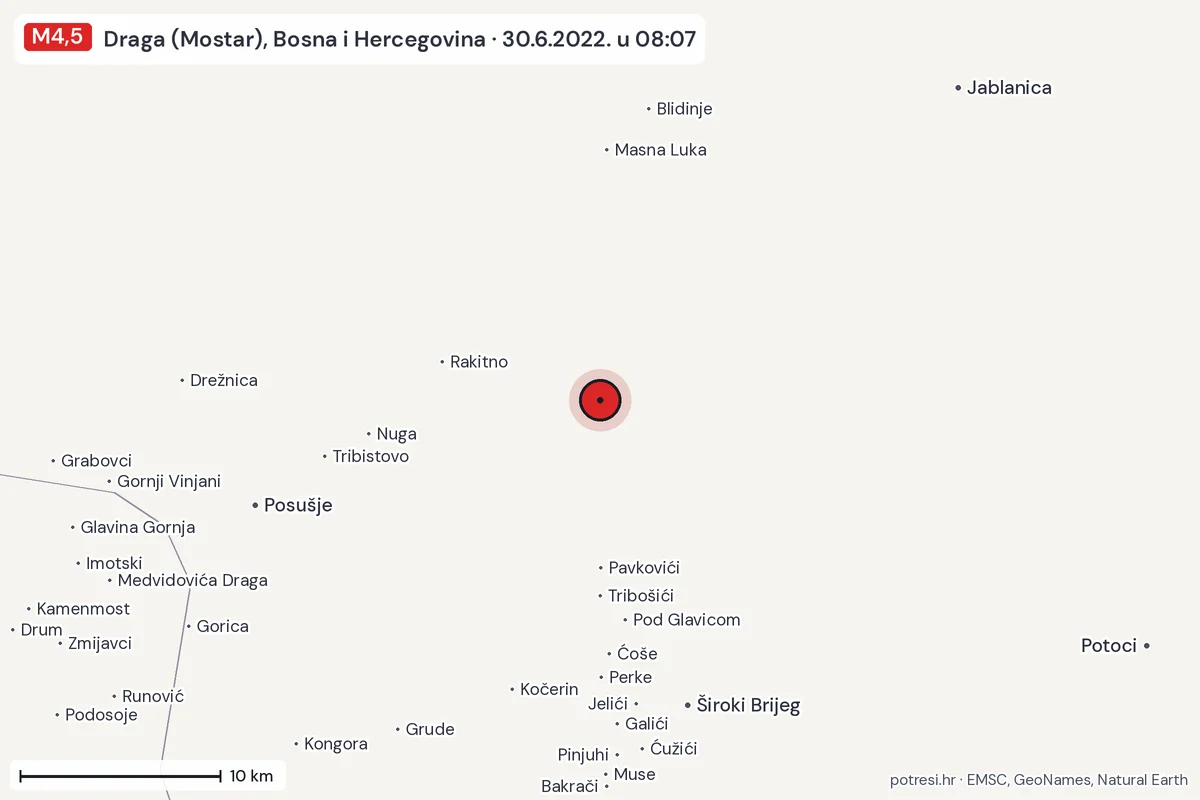 Karta: okolica epicentra, 60 km, potres M4,5, Draga (Mostar), Bosna i Hercegovina, 30.6.2022.