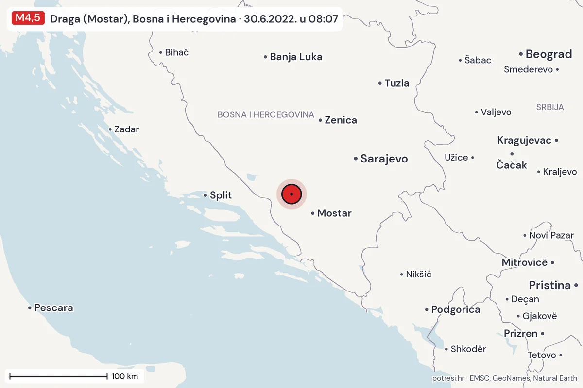 Karta: šire područje, 600 km, potres M4,5, Draga (Mostar), Bosna i Hercegovina, 30.6.2022.