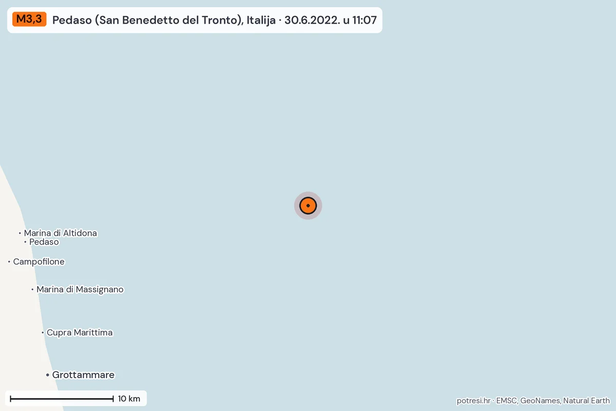 Karta: okolica epicentra, 60 km, potres M3,3, Pedaso (San Benedetto del Tronto), Italija, 30.6.2022.