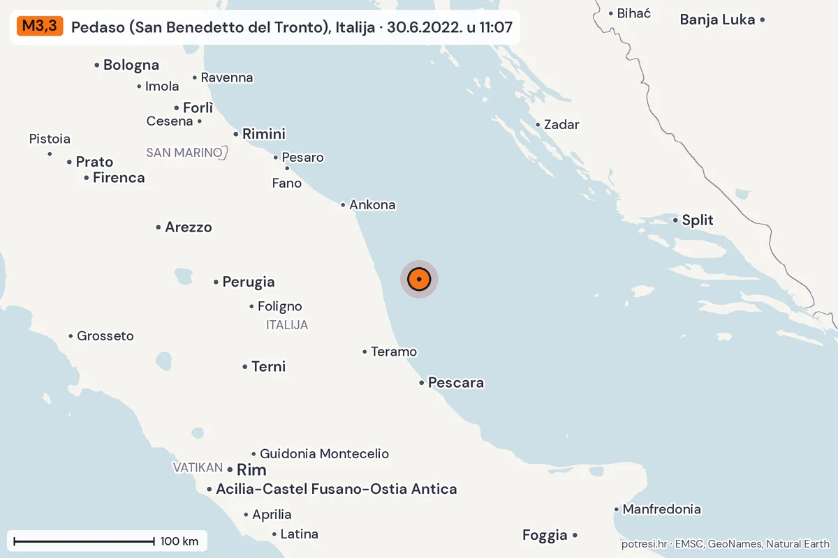 Karta: šire područje, 600 km, potres M3,3, Pedaso (San Benedetto del Tronto), Italija, 30.6.2022.