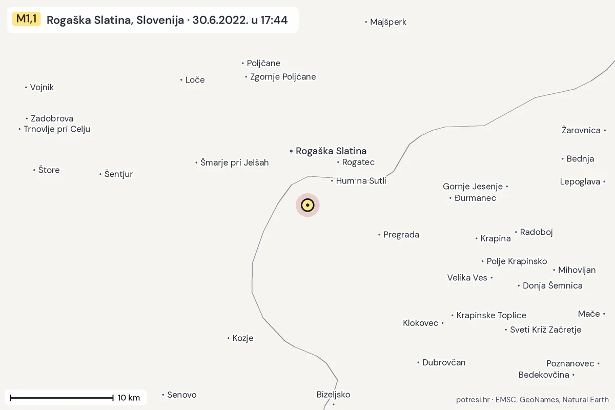 Karta: okolica epicentra, 60 km, potres M1,1, Rogaška Slatina, Slovenija, 30.6.2022.