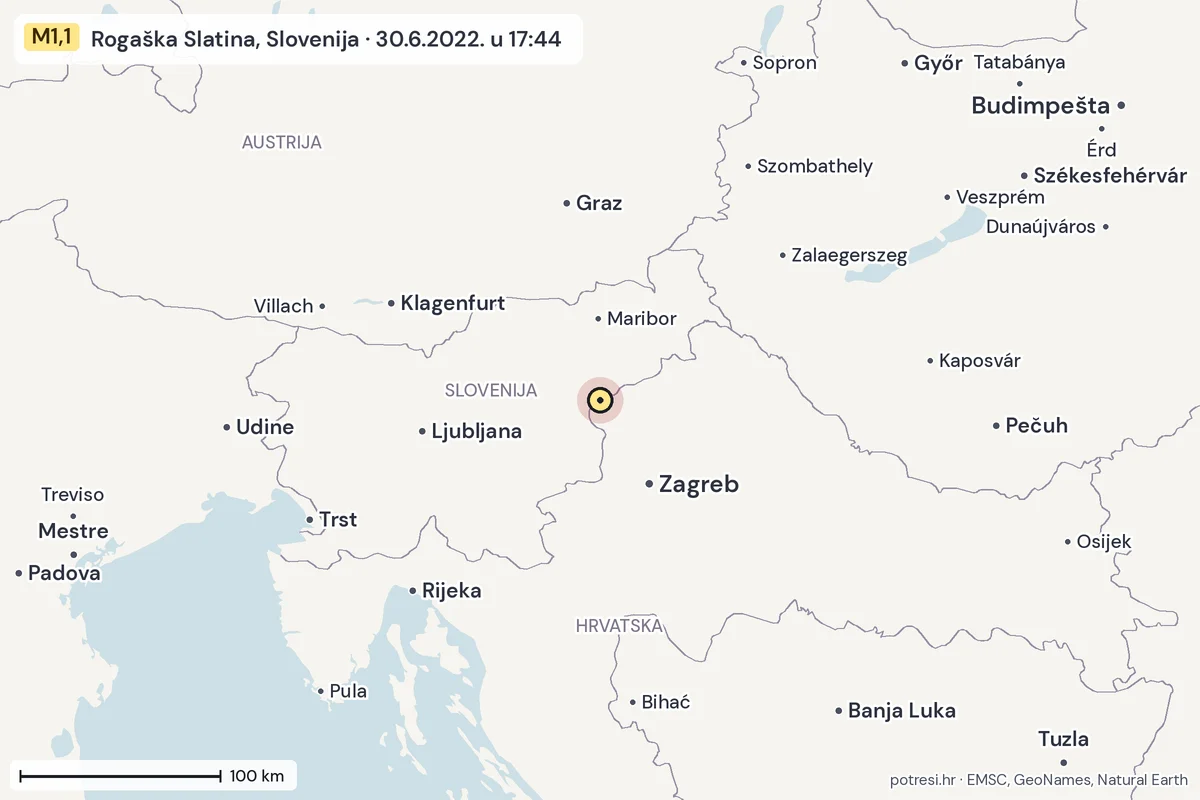 Karta: šire područje, 600 km, potres M1,1, Rogaška Slatina, Slovenija, 30.6.2022.