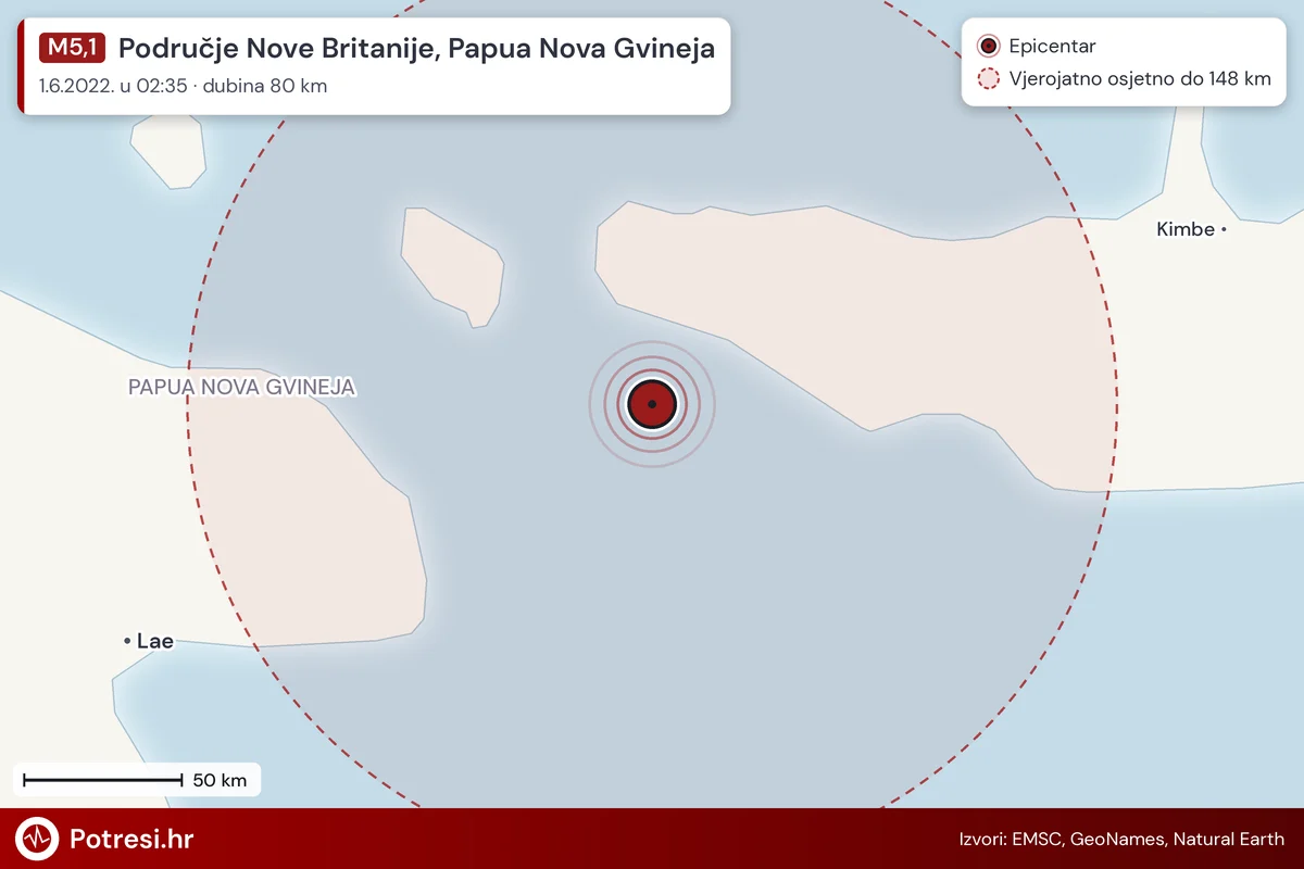 Karta: šire područje i vjerojatni doseg osjeta, potres M5,1, Područje Nove Britanije, Papua Nova Gvineja, 1.6.2022.