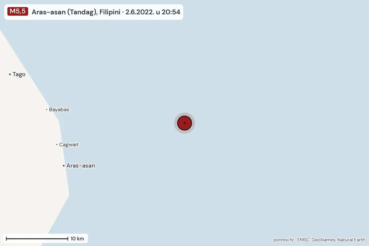 Karta: okolica epicentra, 60 km, potres M5,5, Aras-asan (Tandag), Filipini, 2.6.2022.