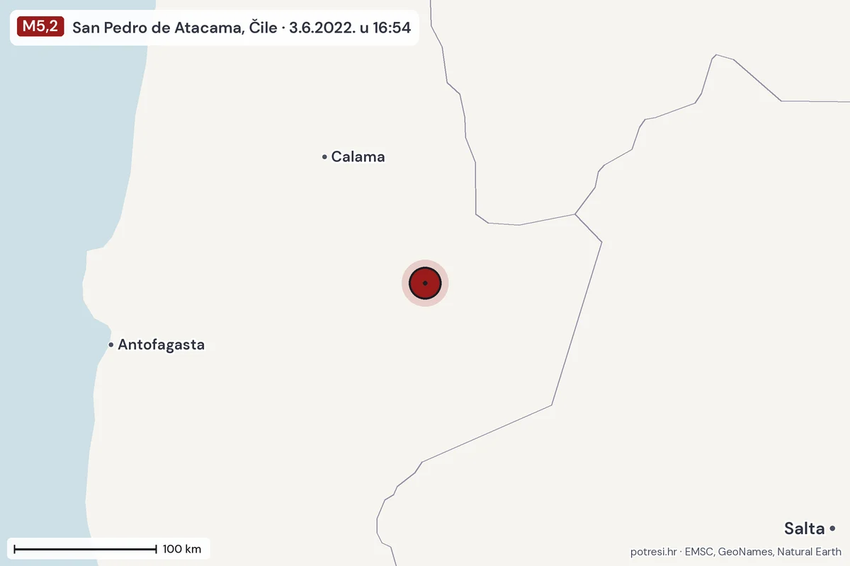 Karta: šire područje, 600 km, potres M5,2, San Pedro de Atacama, Čile, 3.6.2022.