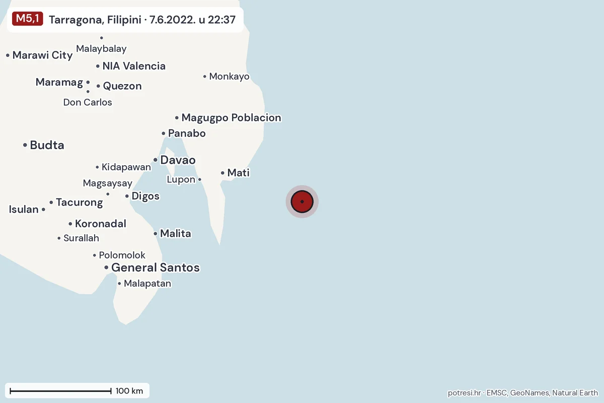 Karta: šire područje, 600 km, potres M5,1, Tarragona, Filipini, 7.6.2022.