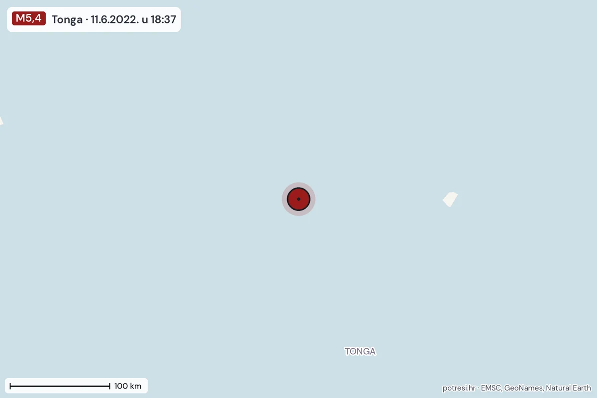Karta: šire područje, 600 km, potres M5,4, Tonga, 11.6.2022.