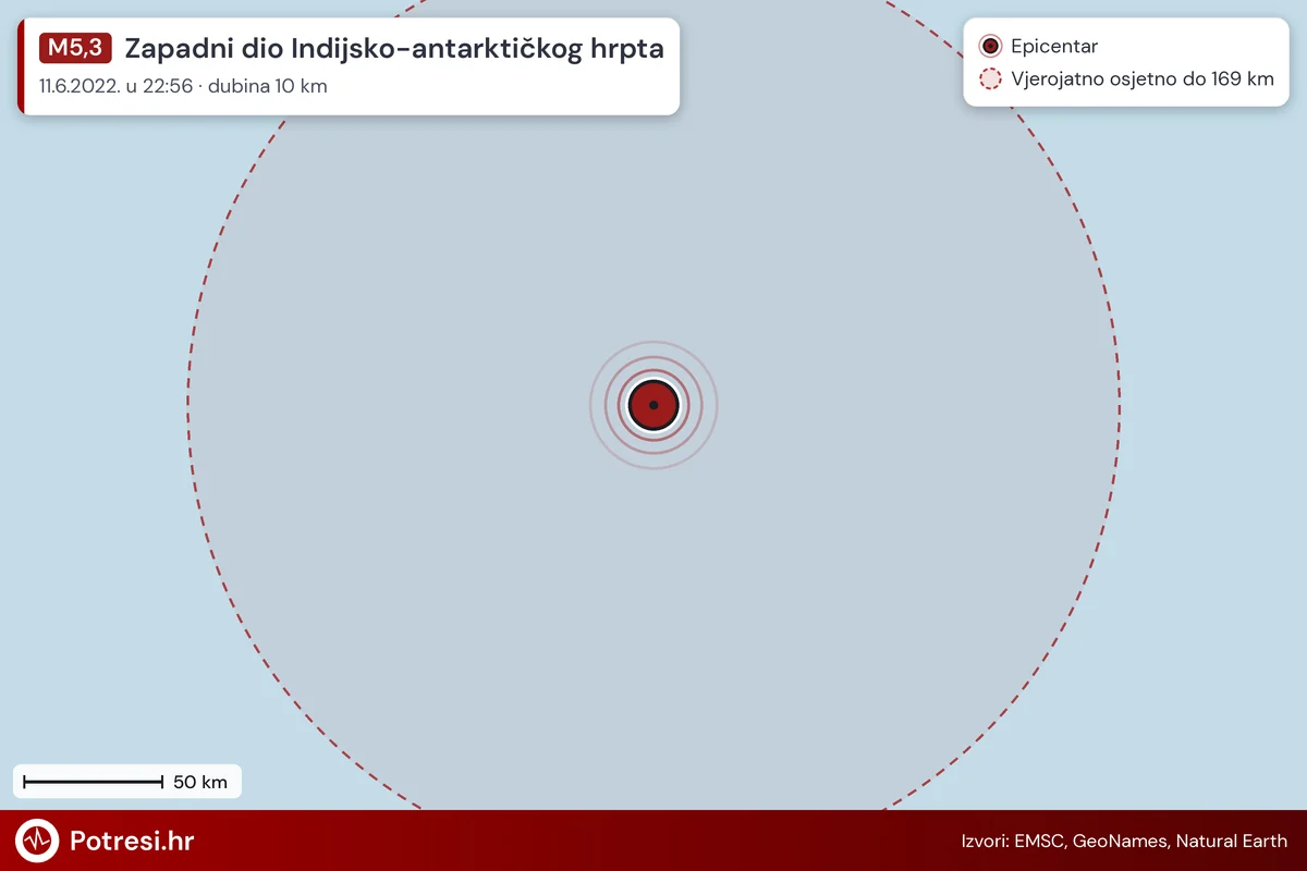 Karta: šire područje i vjerojatni doseg osjeta, potres M5,3, Zapadni dio Indijsko-antarktičkog hrpta, 11.6.2022.