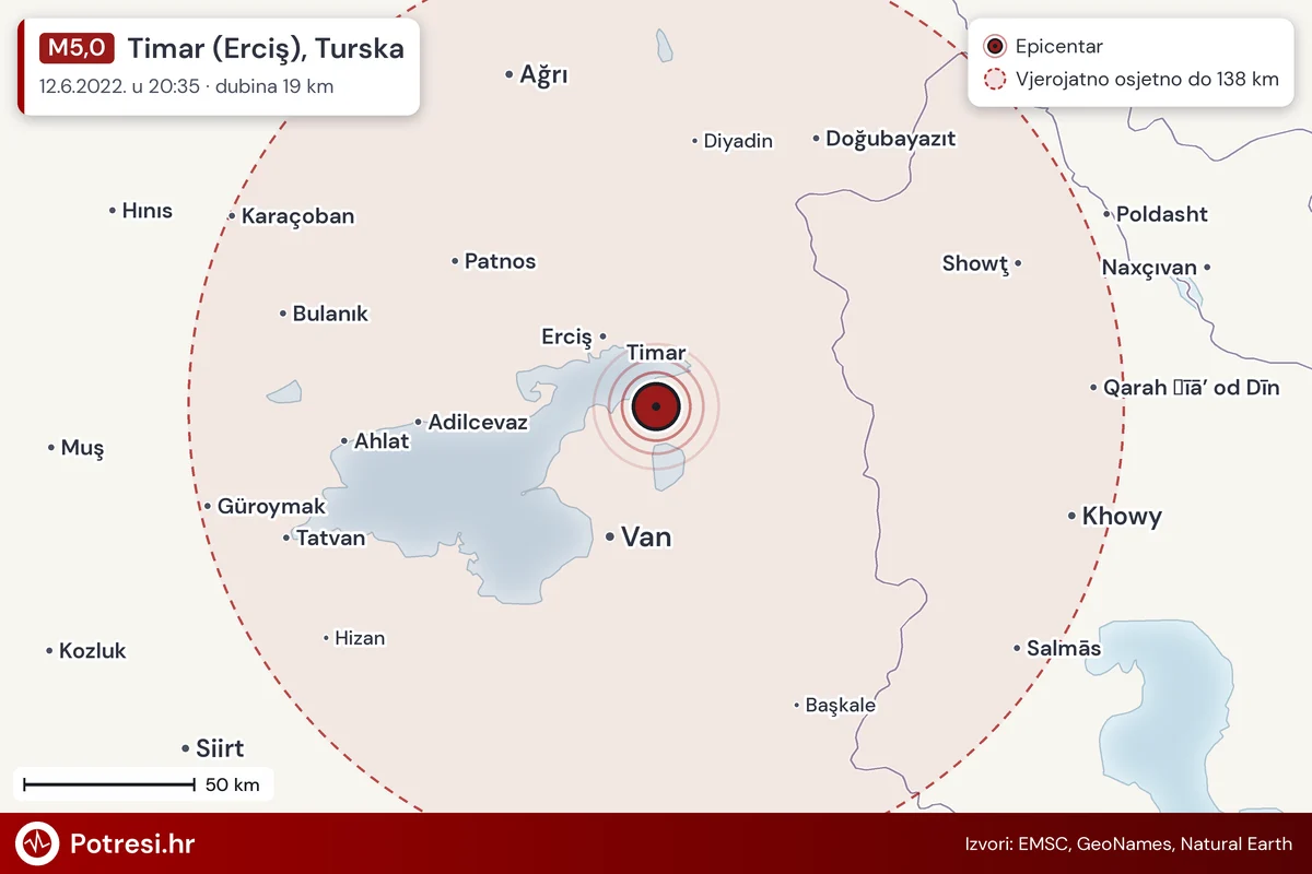 Karta: šire područje i vjerojatni doseg osjeta, potres M5,0, Timar (Erciş), Turska, 12.6.2022.