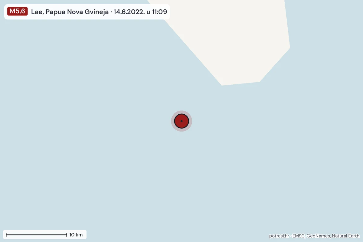 Karta: okolica epicentra, 60 km, potres M5,6, Lae, Papua Nova Gvineja, 14.6.2022.