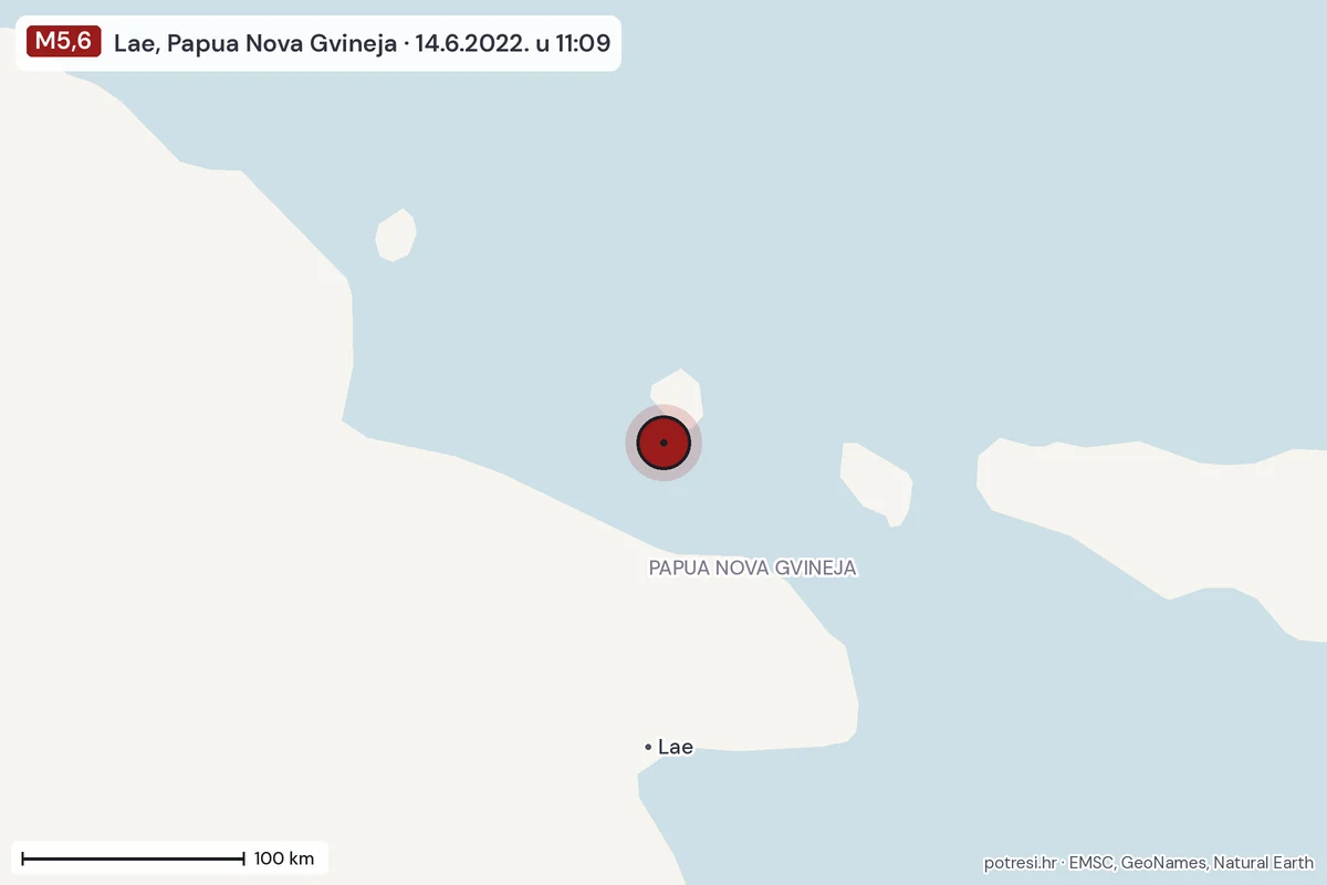Karta: šire područje, 600 km, potres M5,6, Lae, Papua Nova Gvineja, 14.6.2022.
