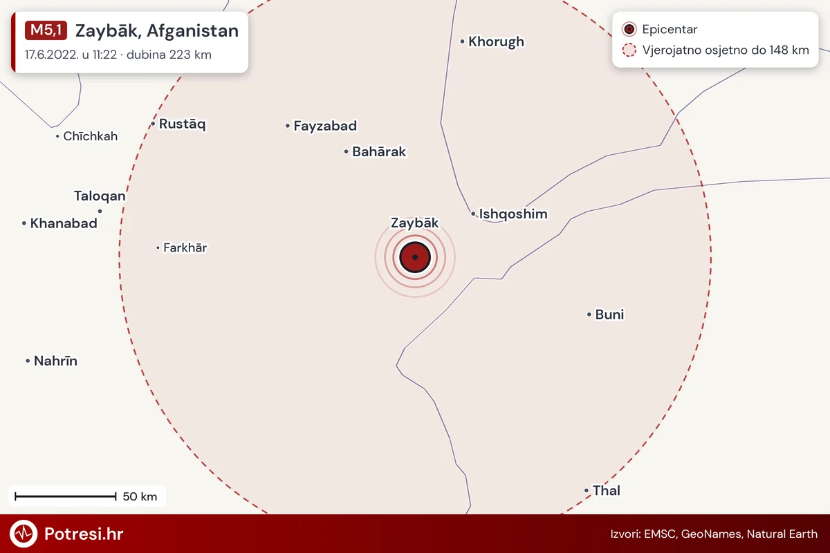 Karta: šire područje i vjerojatni doseg osjeta, potres M5,1, Zaybāk, Afganistan, 17.6.2022.