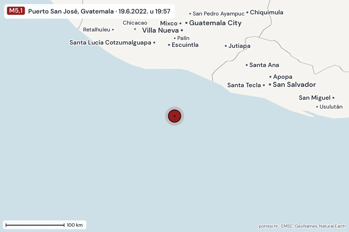 Karta: šire područje, 600 km, potres M5,1, Puerto San José, Gvatemala, 19.6.2022.