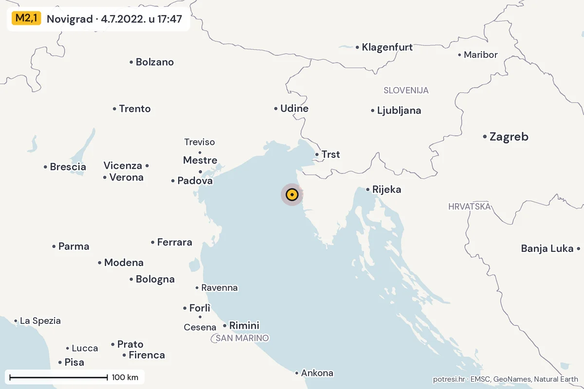 Karta: šire područje, 600 km, potres M2,1, Novigrad, 4.7.2022.