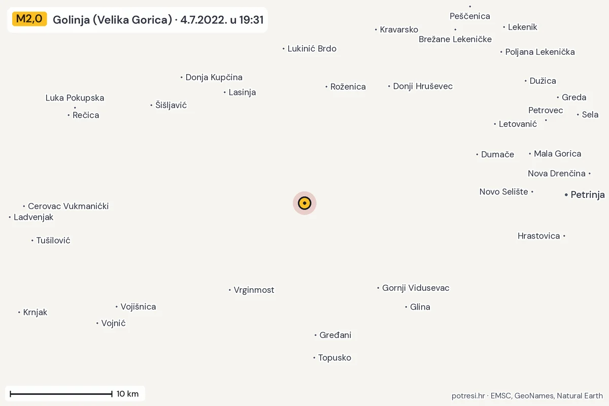 Karta: okolica epicentra, 60 km, potres M2,0, Golinja (Velika Gorica), 4.7.2022.