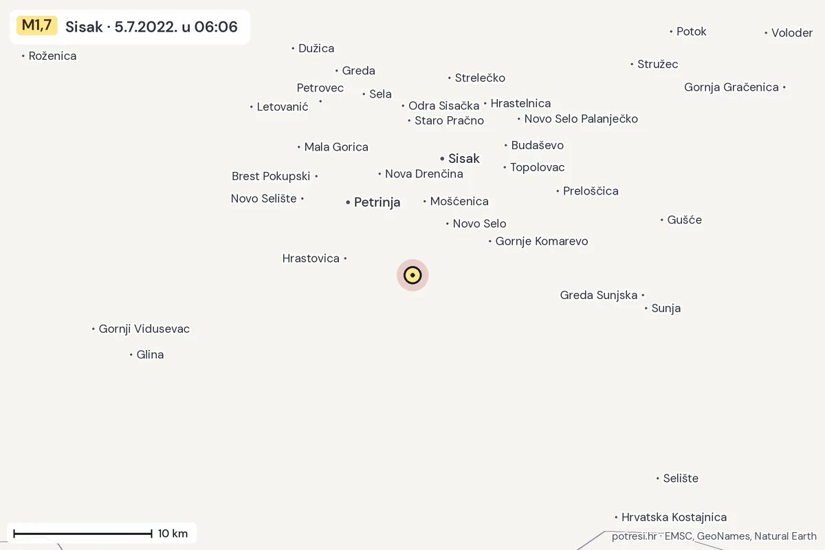Karta: okolica epicentra, 60 km, potres M1,7, Sisak, 5.7.2022.