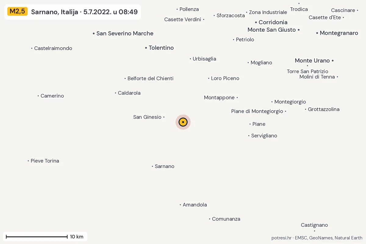 Karta: okolica epicentra, 60 km, potres M2,5, Sarnano, Italija, 5.7.2022.