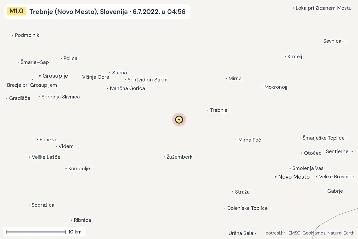 Karta: okolica epicentra, 60 km, potres M1,0, Trebnje (Novo Mesto), Slovenija, 6.7.2022.