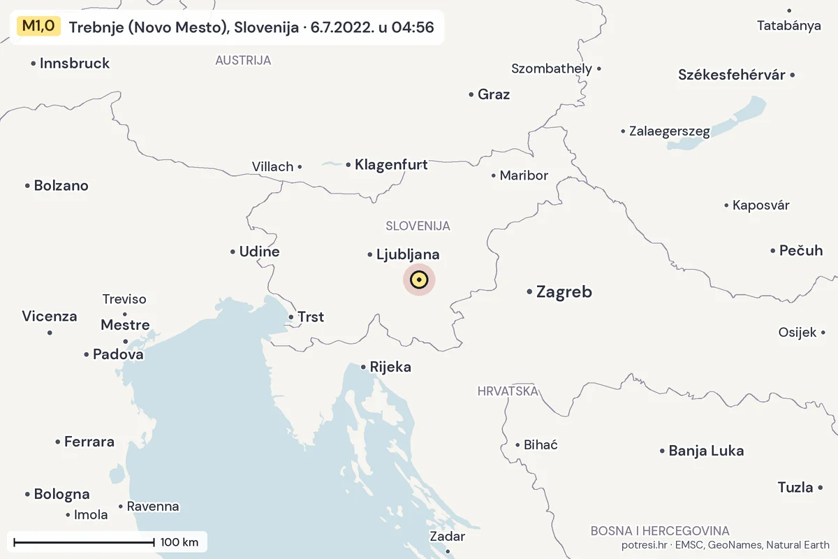 Karta: šire područje, 600 km, potres M1,0, Trebnje (Novo Mesto), Slovenija, 6.7.2022.