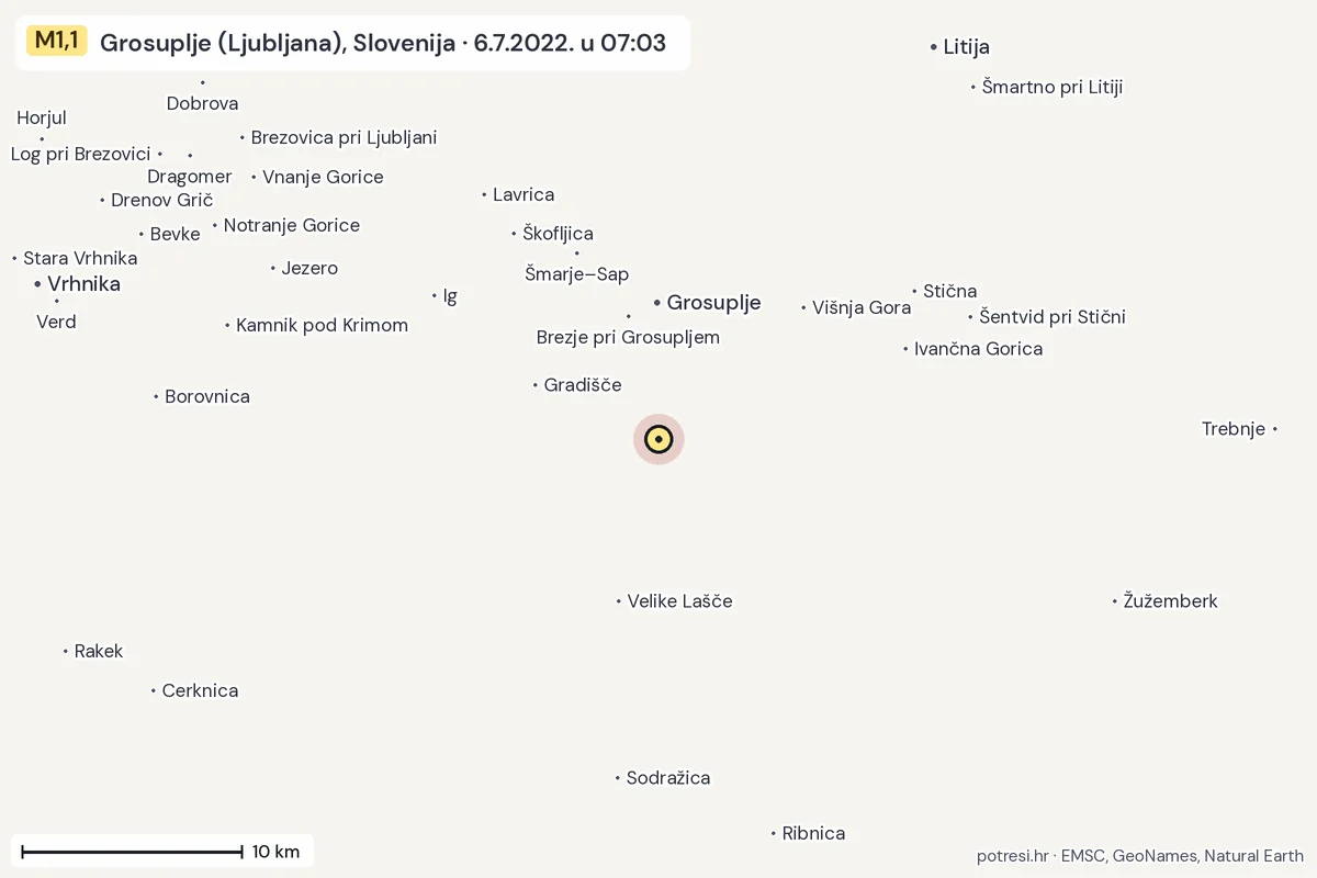Karta: okolica epicentra, 60 km, potres M1,1, Grosuplje (Ljubljana), Slovenija, 6.7.2022.