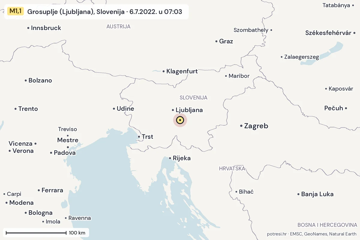 Karta: šire područje, 600 km, potres M1,1, Grosuplje (Ljubljana), Slovenija, 6.7.2022.