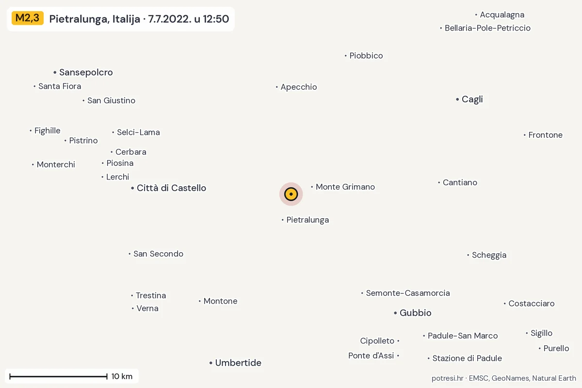 Karta: okolica epicentra, 60 km, potres M2,3, Pietralunga, Italija, 7.7.2022.
